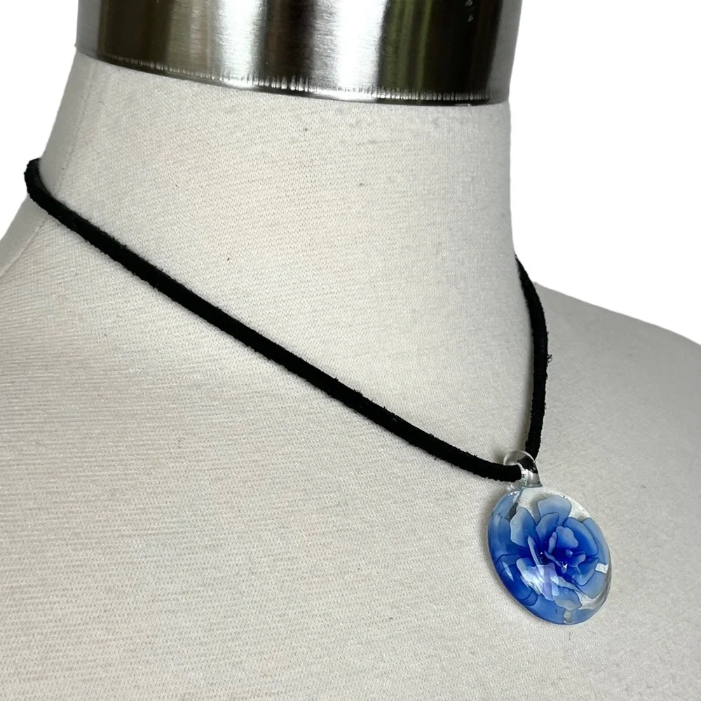 Blue Flower Glass Pendant Necklace